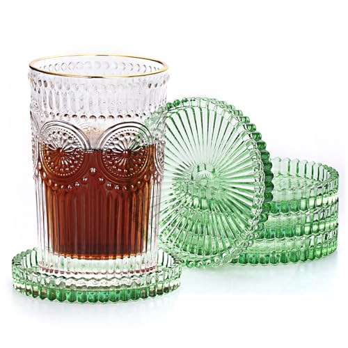 JUXYES Set of 5 Heat-Resistant Clear Glass Coaster for Hot and Cold Drinks - color: Green, size: 5 Pack