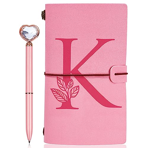 Personalized Journal Gift-Pink Initial Leather Journal+Heart Diamond Pen Set,Travel Notebook Diary Gifts,Refillable Notepads,Christmas,Birthday Gifts for Women Girls (7.9"x4.7") (K) - style: K