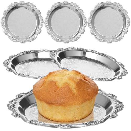 Toddmomy 6Pcs Snack Serving Dishes, Vintage Metal Appetizer Plates, 4-Inch Silver Trays for Fruits Nuts Candy Party Use