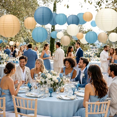 15 Pack Dusty Blue Paper Lanterns with String, 6/8/10 Inches - color: Dusty Blue, Light Blue, Ivory, Kraft, Taupe