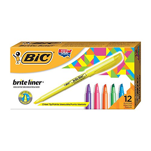BIC Brite Liner Highlighter, Chisel Tip For Broad Highlighting and Fine Underlining, Assorted Colors, 12-Count (Pack of 18, 216 Count Total) - color: Assorted, size: 12 Count (Pack of 18)