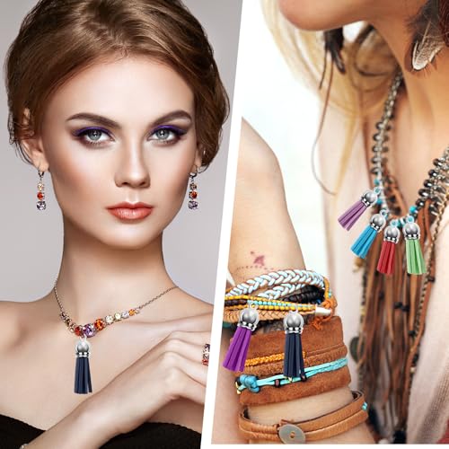 120 Pack Leather Keychain Tassels Charms Silver White Cap Multicolor Tassels for Jewelry Keychain Making Bracelets Craft Supplies (Multicolor, 38mm) - size: 38mm