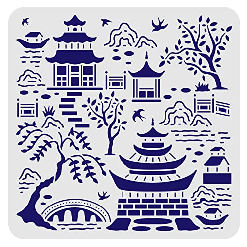FINGERINSPIRE Secret Garden Toile Drawing Stencil 11.8x11.8inch Reusable Birds Tree Mountains Stencil Buildings Bridge for Painting on Wood, Floor, Furniture, Wall and Paper - color: Secret Garden Toile