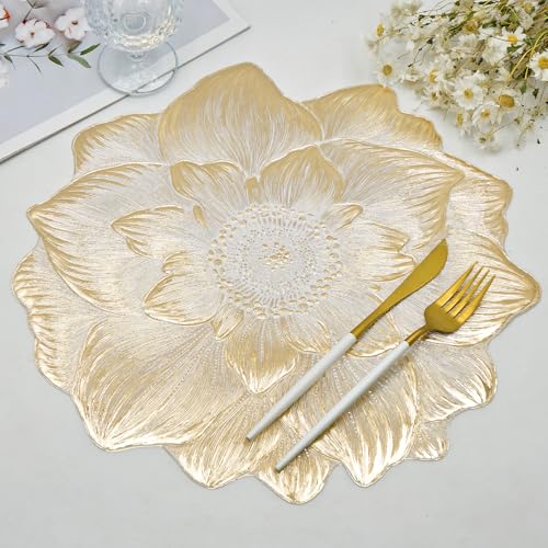 Gold Placemats Set of 6, Creative 3D Flower Placemats Waterproof Oil-Proof - color: Gold Flower