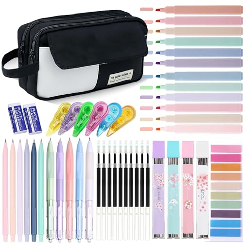 42 Pcs Big Capacity Pencil Pouch with Aesthetic School Supplies, 12 Pastel Highlighters, 5 Black Ink Gel Pens, 6 Mechanical Pencils Set 0.5 & 0.7mm, Sticky Notes, Stationary Set for Student(Black) - color: Black