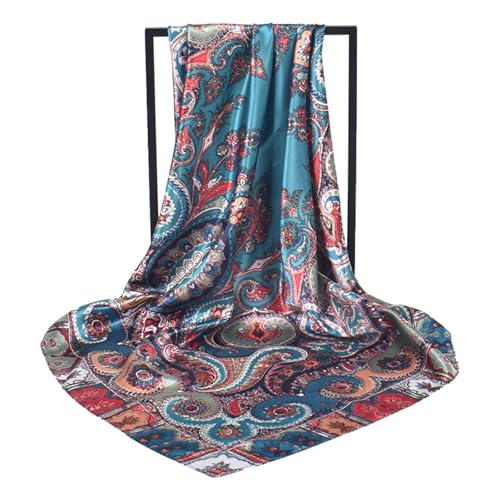 35 Inches Silk Head Scarf-Satin Hair Scarves Silk Bandana Scarf Headscarf for Women's Fashion Scarves - color: Cashews With Buddha-blue