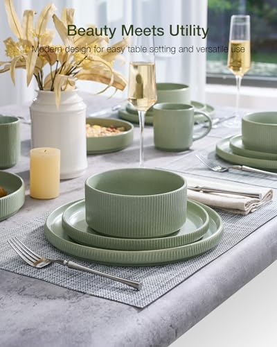 Famiware Star Stoneware Dinnerware Sets for 8, Reactive Glaze Plates, Bowls - color: Matte Sage Green