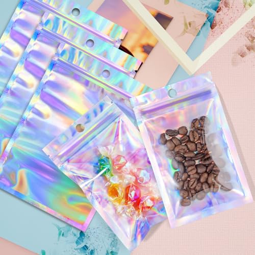 Funfery 100pcs Mylar Holographic Bags-Resealable Zipper&Clear Window - color: Holographic, size: 3 x 4.7 Inch