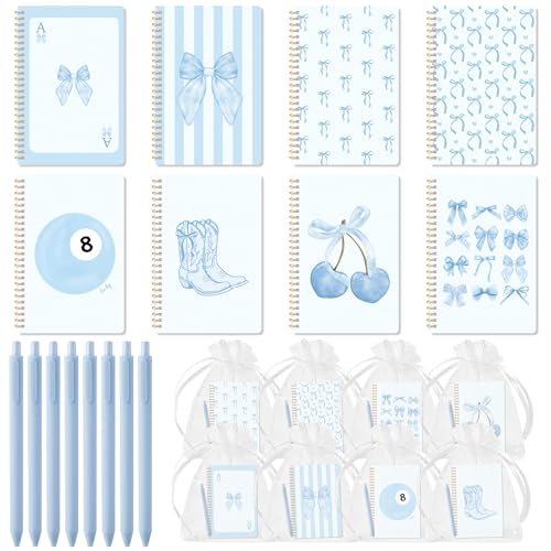 CNhoqc Blue Spiral Journal Notebook, 8 Sets A5 Ballpoint Pens Organza Bags - color: 8-Set Blue Bow