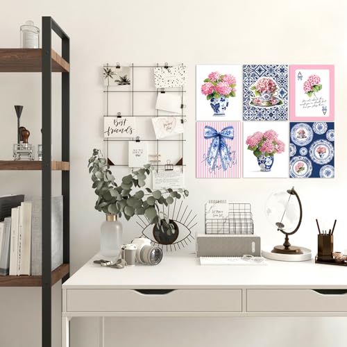 LUKIPOM Pink Chinoiserie Hydrangea Wall Art Poster,Coquette Blue Bow Grandmillennial Floral Wall Decor Gifts for Women Teen Girls Home Bedroom Living Room,12x16in Set of 6 Unframed - color: Color 020