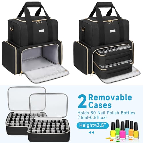 Nail Polish Organizer Holds 80+ Bottles,Nail Polish Carrying Case with 2 Removable Bags,Nail Organizers and Storage for Nail Tech,Portable Nail Supplies Holder,Mother Day Gift for Women Grils,Black - color: Black