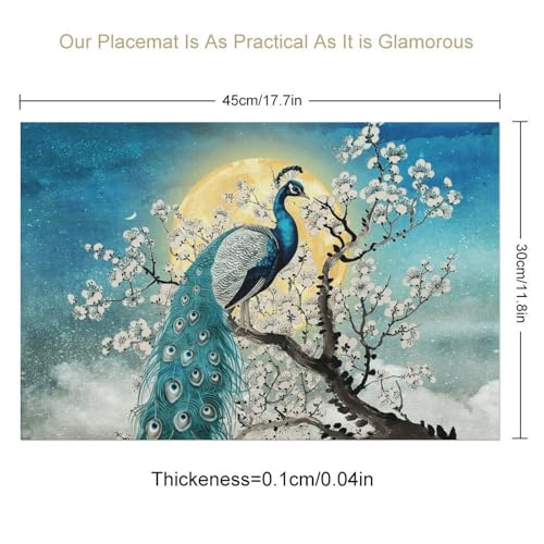 Floral Bird Vintage Peacock Cherry Blossom Placemats Set of 4, 12x18 Inch - color: Floral Bird04, size: 4pcs