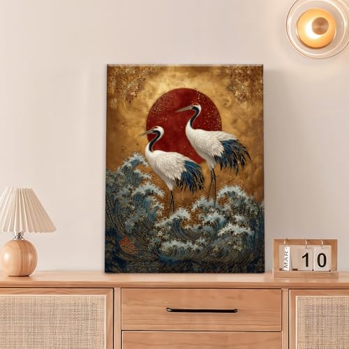 Japanese Crane Wall Art Gold Oriental Asian Wall Decor Sandhill Crane Canvas Pictures Paintings Prints Japan Traditional Aesthetic Artwork Framed Chinese Decorations For Bedroom Living Room Office Gifts 12" x 16" - color: Gold Crane, size: 16"L x 12"W