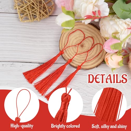 100 Pcs Bookmark Tassels Bulk Red Soft Craft Silky Handmade Mini Tassels for Jewelry Making with Loops for DIY Craft Accessory Dress Decoration - color: Red