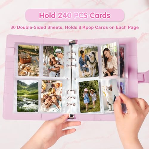 A5 Kpop Photocard Binder with 30 Pack 4-Pocket Card Pages, 6 Ring A5 Binder Card Collector Album with 240 Card Slots,PU Leather Binder Cover with Magnetic Buckle Closure for Organizing Trading Card - color: Pink