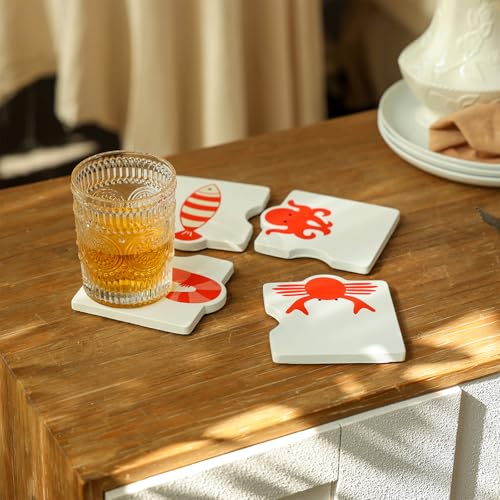 Beach Coasters for Drinks Set of 4, 3.94 Inch Square Resin - color: Red