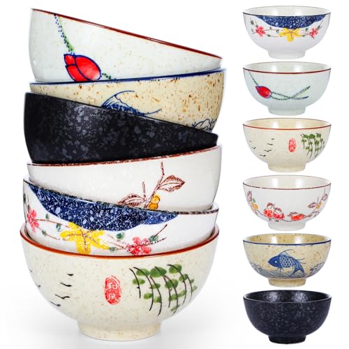 Retro Ceramic Bowls Set for 6, 4.5 Inch Japanese Chinese Bowl Small Hand-Painted Floral Plum Ceramic Bowls for Soup Rice Cereal Dessert Snack Fruit Salad Noodles, Dishwasher Microwave Safe
