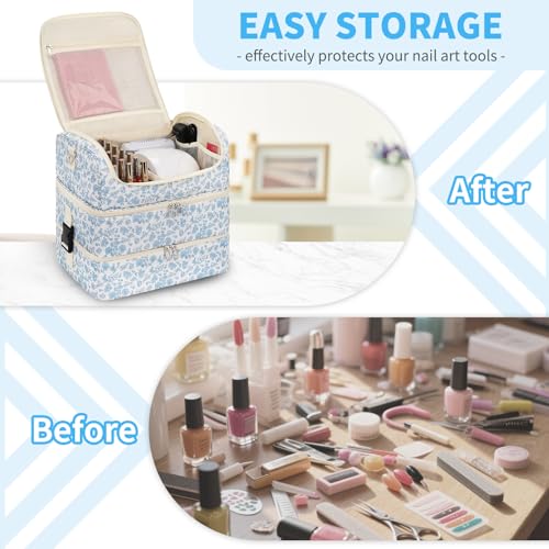 Extra Large Nail Polish Organizer - Three Layer Nail Organizers And Storage Bag, Portable Nail Supplies Organizer Case, Nail Tech Kit Travel Carrying Box with Shoulder Strap (Floral Blue, 117 Slots) - color: Floral Blue, size: 117 Slots
