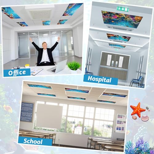 Wiooffen 6 Pcs Fluorescent Light Covers with 60 Magnets Decorative for Classroom Ceiling Light 4 x 2 Feet Magnetic Light Covers Filter Easy Install for Office Hospitals & Home (Ocean) - color: Ocean