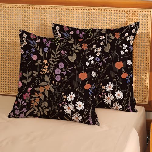 Spring Floral Pillow Covers 18x18 Pack of 2 Black Botanical Wildflower Herbs Throw Pillow Covers Outdoor,Summer Flower Plant Decorative Pillowcase Farmhouse Linen Cushion Case for Sofa Couch - color: Black Floral 1, size: 18" x 18" (Pack of 2)