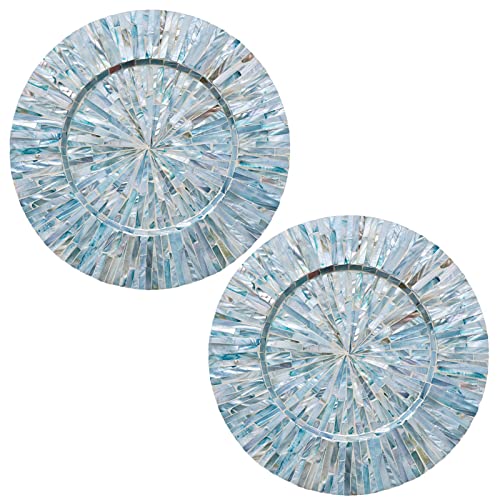 i-lan 13inch 2 Pack Mother of Pearl Decorative Plates for Display, Sea Shell Inlay Wood Charger Plates for Dining, Party, Modern and Coastal Decoration Placemats for Dinner Plates,Blue Ray - style: Style 5