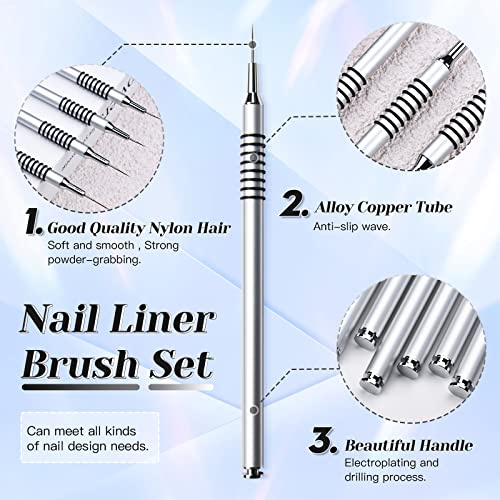 Nail Art Liner Brushes Set, 6Pcs Nail Art Design Brush Striping Thin Long Lines | Dotting Drawing Pen, UV Gel Polish Painting Metal Handle Striper Brushes Size 5/7/9/11/20/25mm - color: Silver