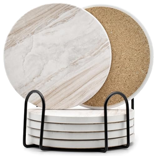 6Pcs Absorbent Coasters Set with Holder,Ceramic Drink Coaster,4 in（A1） - color: Marble Style