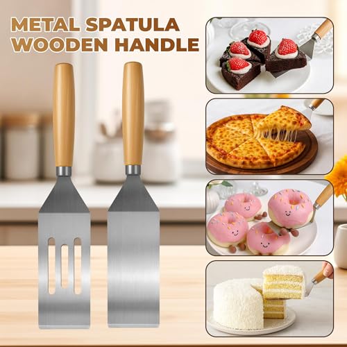 2Pc Stainless Steel Mini Spatula Wooden Handles Cooking Baking Serving - color: 1PC SOLID+1PC SLOTTED