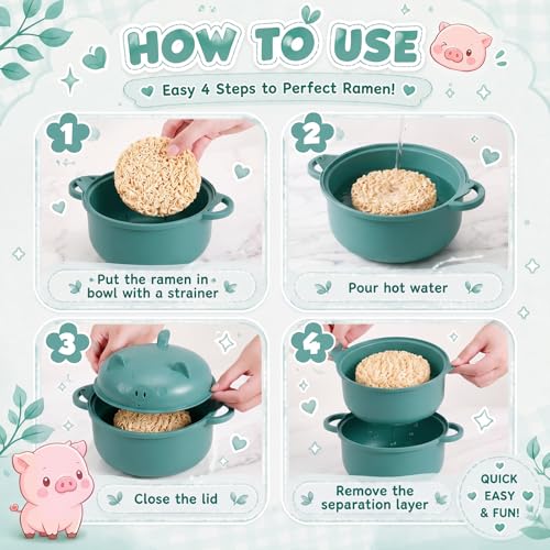 1 Set Large 45oz Cute Pig Ramen Bowl Set Microwavable, Dark Green - color: Dark Green