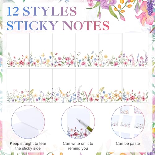 Chiisong 12 Pads Wildflower Sticky Notes Flower Sticky Notes - style: Retro