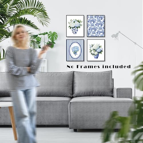 LUKIPOM Chinoiserie Hydrangea Floral Wall Art Posters Set of 4, Grandmillennial Home Decor, Blue and White Porcelain Hydrangea Flower Canvas Prints Artwork Wall Decor, 8x10 Unframed - color: Color 002