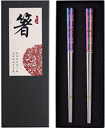 Metal Chopsticks Reusable Dazzling Rainbow Stainless Steel Chopsticks Titanium Plated Dishwasher Safe Fancy Laser Engraved Korean Japanese Chop Sticks Multicolor 2 Pairs Gift Set - color: Rainbow silver