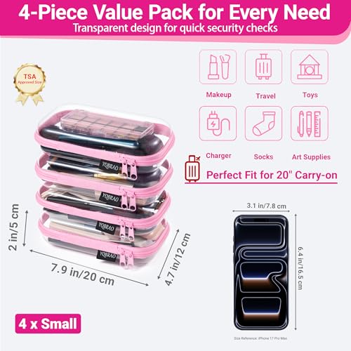 YQBRAO Clear Hard Shell Zipper Cases, 4 Small Cable Organizers, Pink - color: Pink, size: 4 Pack(S)