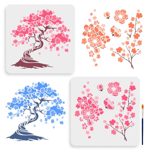 MAYJOYDIY 2pcs Cherry Blossoms Stencils 11.8×11.8inch Large Blooming Stencil with Paint Brush Square Japanese Style Drawing Template for Wood Walls Canvas Furniture Crafts Art Projects - color: Cherry Blossoms