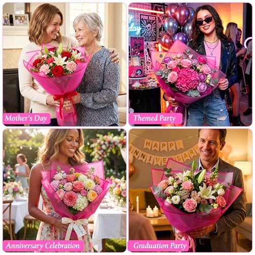 Ctosree 240Sheets Flower Wrapping Paper,Waterproof Korean Bouquet Wrap 23in - color: Hot Pink