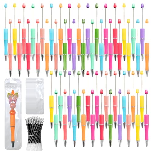 150 Pieces DIY Beadable Pens Kit - 50 plastic Beadable Pens Bulk, Refills & pen bags Included - Beaded Pens Black Ink Ballpoint Cute Pens（Bright） - color: Macaron, size: 50