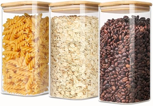 1.6 Qt Square Glass Storage Containers with Lids, Clear Food Storage Container Jar with Sealing Bamboo Lid for Noodles Flour Cereal Rice Sugar Tea Coffee Beans (Square-3Pack) - size: Square 1.6 Qt -3Pack