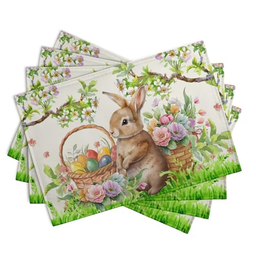 Easter Rabbit Placemats Set of 4 Spring Easter Egg Bunny Flowers Floral Place Mat 12x18 Inch Seasonal Farmhouse Linen Fabric Table Mats for Kitchen Dining Outdoor Indoor Easter Party Decoration - color: Easter Rabbit
