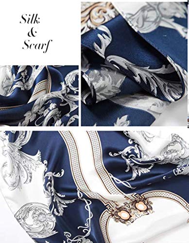ANDANTINO 100% Silk Long Scarf-Women Large Oblong Shawls with Gift Packed - color: Navy&white -Phoenix Tail Fern