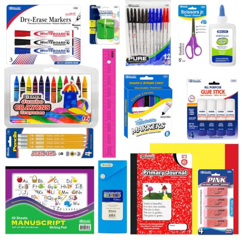 56 Piece Primary School Supply Kit – Complete Back to School Supplies Bundle with Crayons, Markers, Pencils, Notebook, Scissors, Glue, Sharpener, Pencil Box & Ruler - style: Primary School K-2