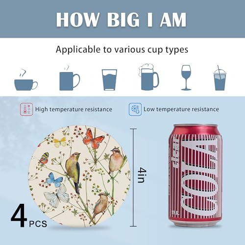Coasters for Drinks,Vintage Birds and Butterflies Absorbent Coaster Set of 4 with Cork Base,Ceramic Drink Coasters for Cold Drinks Wine Glasses Cups Mugs,Housewarming Gifts for Home Decor - color: Birds and Butterflies