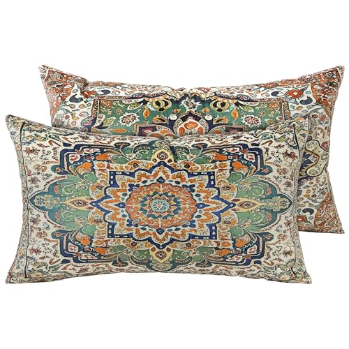 Boho Soft Velvet Throw Pillow Covers 12x20 in Vintage Pattern - color: Green, size: 20" x 12" (Pack of 2)