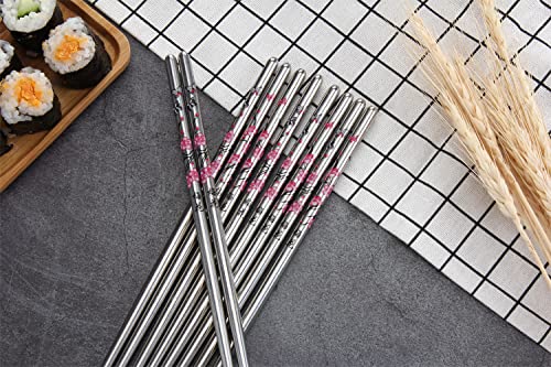 Stainless Steel Chopsticks, Metal Chopsticks, Reusable Non-slip Design Chop Sticks, 5 Pairs Gift Set,Plum Pattern Design - color: Wintersweet