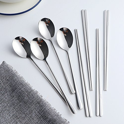 Buyer Star 4 Set Silver Korean Chopsticks Spoon Set Reusable Metal Stainless Steel Spoon Chopstix Set - color: silver-flat chopstick and spoon