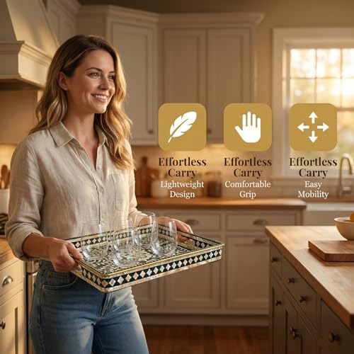 Boho Serving Tray with Handles, 15.7”x11.8” Rectangular Decorative Plastic Tray (Vintage Black & Gold) for Coffee Table, Ottoman, Living Room – Multipurpose Deco - color: Black&white