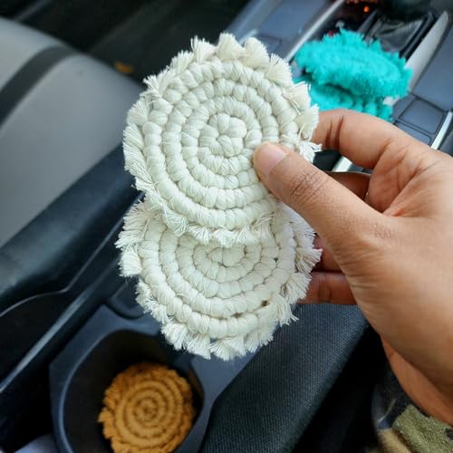 Cotton Car Coasters for Cup Holders, 2PC Car Cup Coasters, Drink Coaster Holder, Cute cupholder Coaster Accessories for Women, Macrame, Boho (Vanilla White) - color: Vanilla White