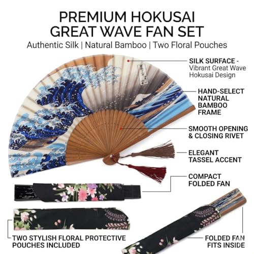 Silk Folding Hand Fan with Kanagawa Sea Waves, 15” Handheld Bamboo Accessory with Tassel, Portable Oriental Art, Wedding Favor, Festivals (Kanagawa Sea Waves) - color: Blue and Orange