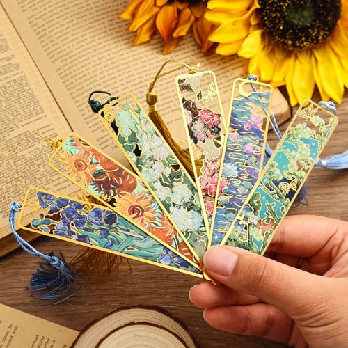 6 Pieces Metal Bookmarks with Tassel, Golden Hollow Bookmark Oil Painting Theme Book Mark Bookmarks for Book Lovers Writers Readers Children Teens Men Women Adults - style: 6Pcs Flowers