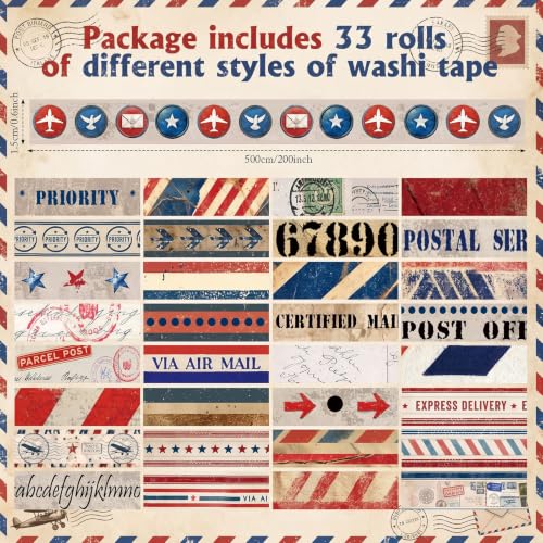 TaoBary 33 Rolls Washi Tape Set, 15mm Holiday Seasonal,Postal Style - style: Postal Style