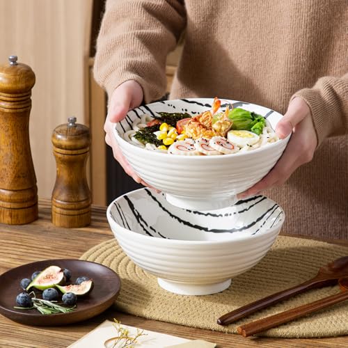 YUN TAO Pho Bowls Set of 2, 40 Oz Large Soup Bowls, White Ceramic Ramen Bowls with Chopsticks and Spoons, Deep Asian Noodle Bowls for Home Use